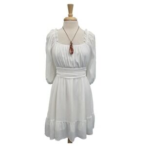 New Style Womens L White Boho Peasant Mini Dress Puff Sleeve Tie Back NWT